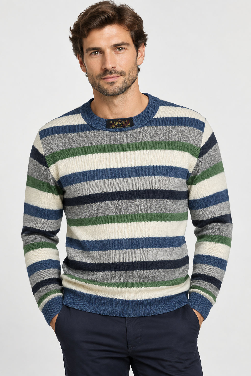 PULLOVER UOMO SHETLAND GIROCOLLO RIGHE AI507